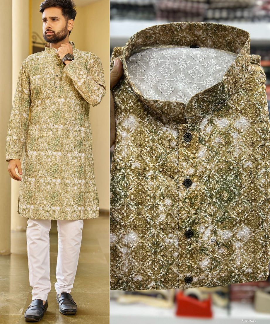 Traditional Heavy Rayon Schiffli Chikan Work  Men's Kurta Pajama Set