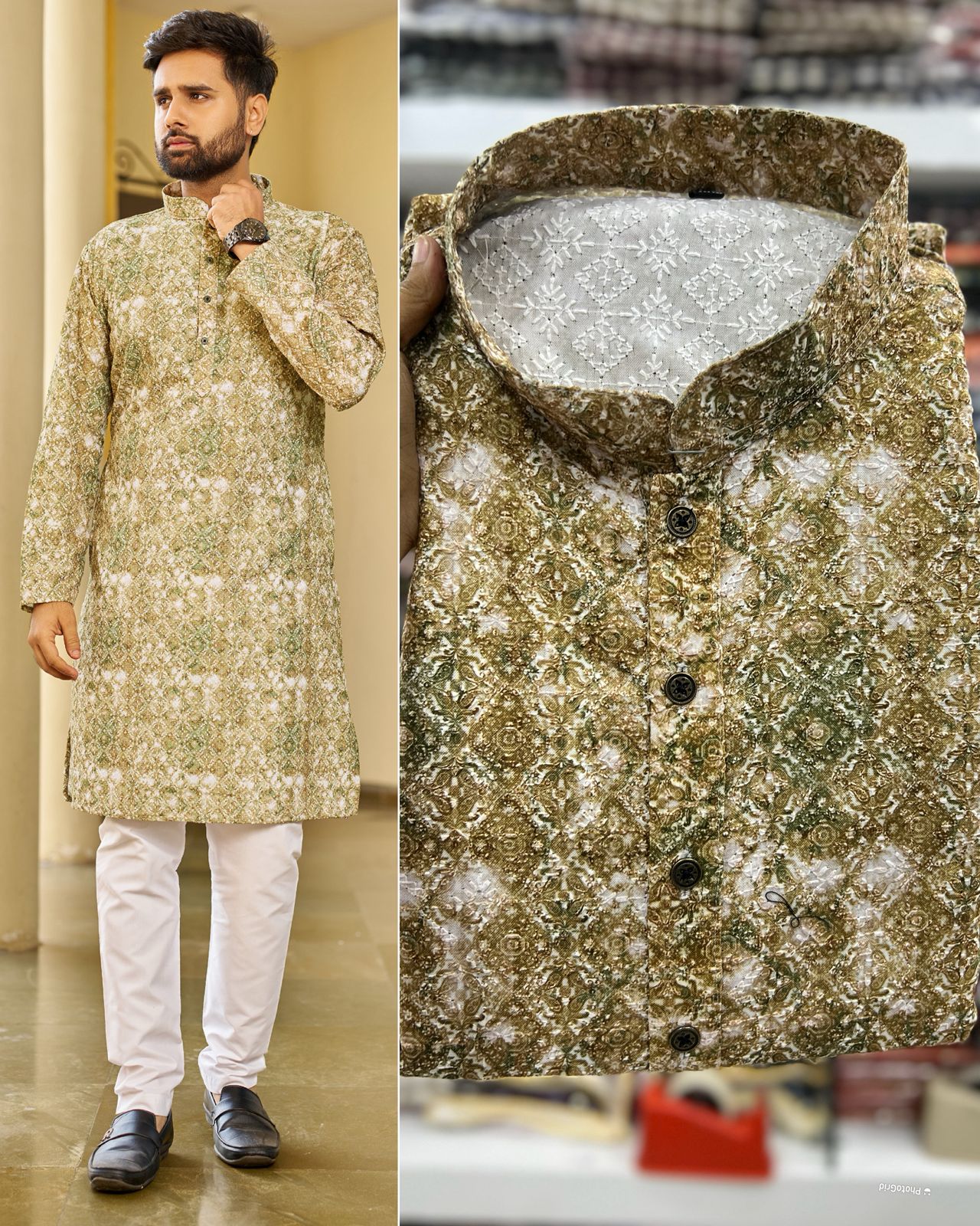 Traditional Heavy Rayon Schiffli Chikan Work  Men's Kurta Pajama Set