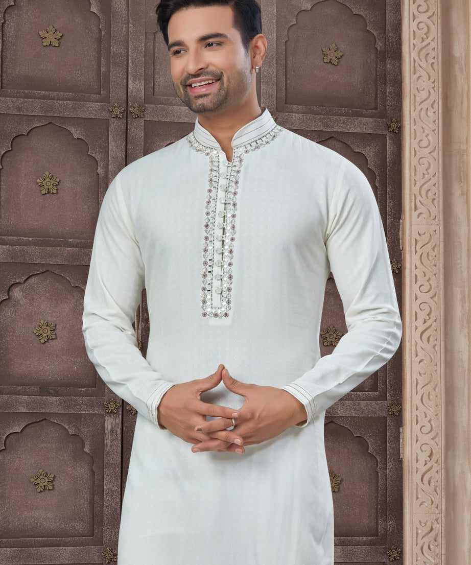 Pure Heavy Cotton With Embroidery & Pintex Work Kurta Pajama Set For Men's