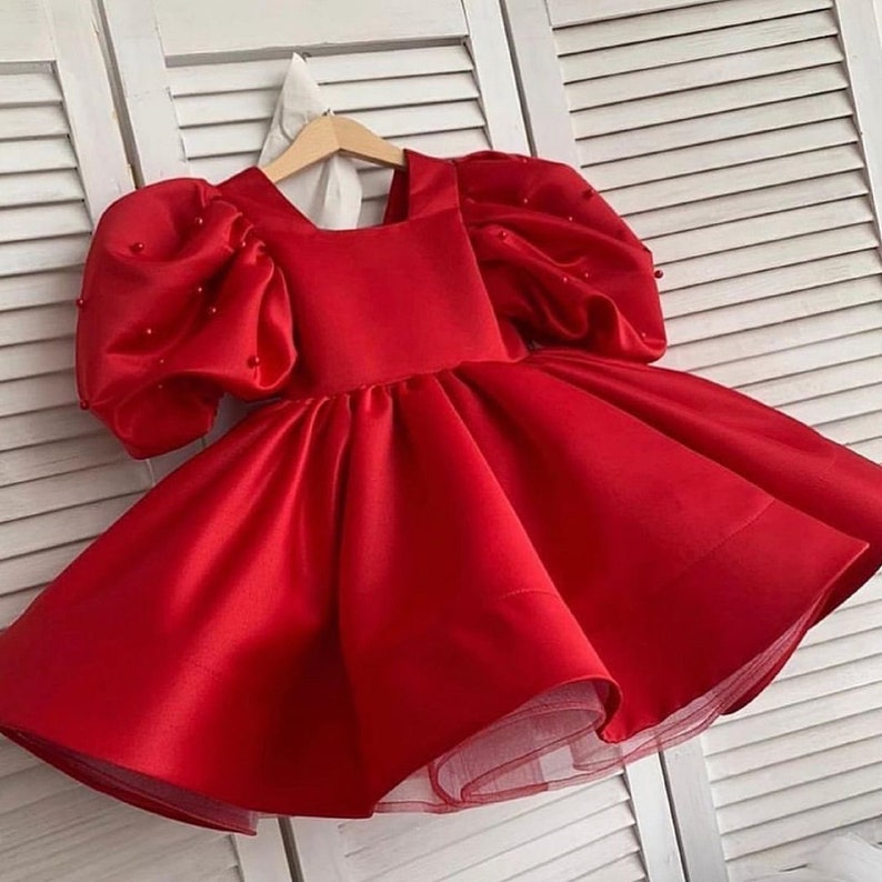 Baby girl pink dress with puff pearls sleeves