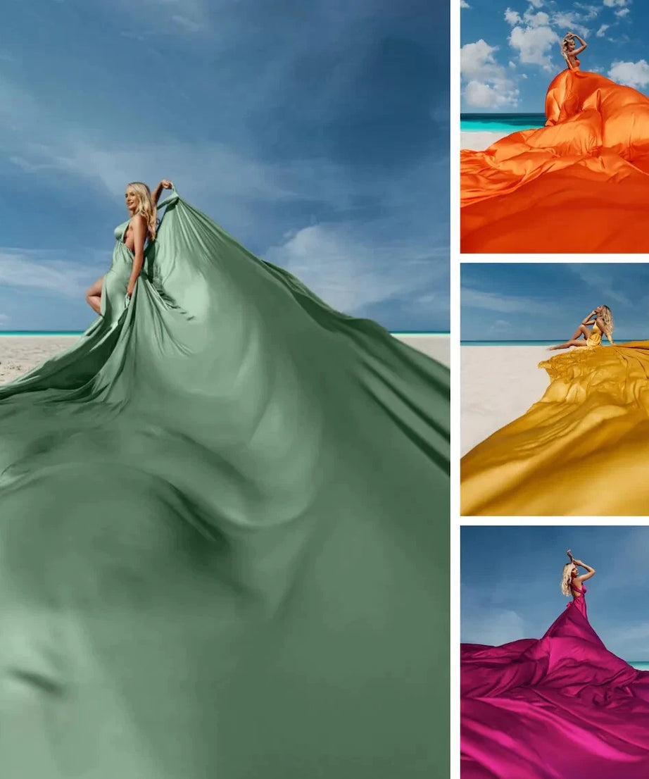 Emerald Infinity Flying Dress - Custom-Made Silky Satin Dress for Photoshoots
