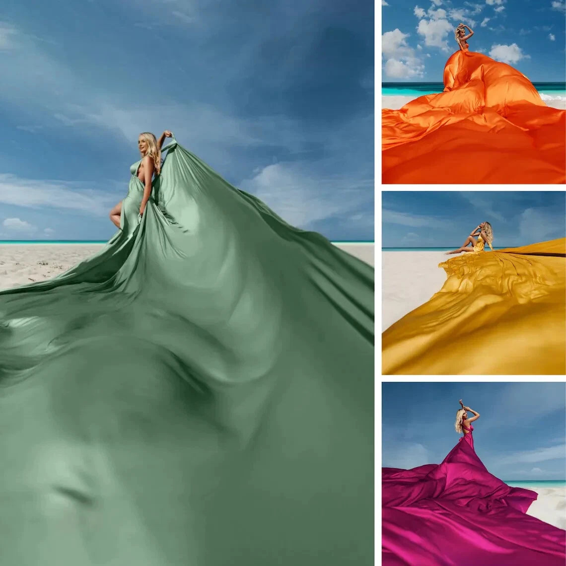 Emerald Infinity Flying Dress - Custom-Made Silky Satin Dress for Photoshoots