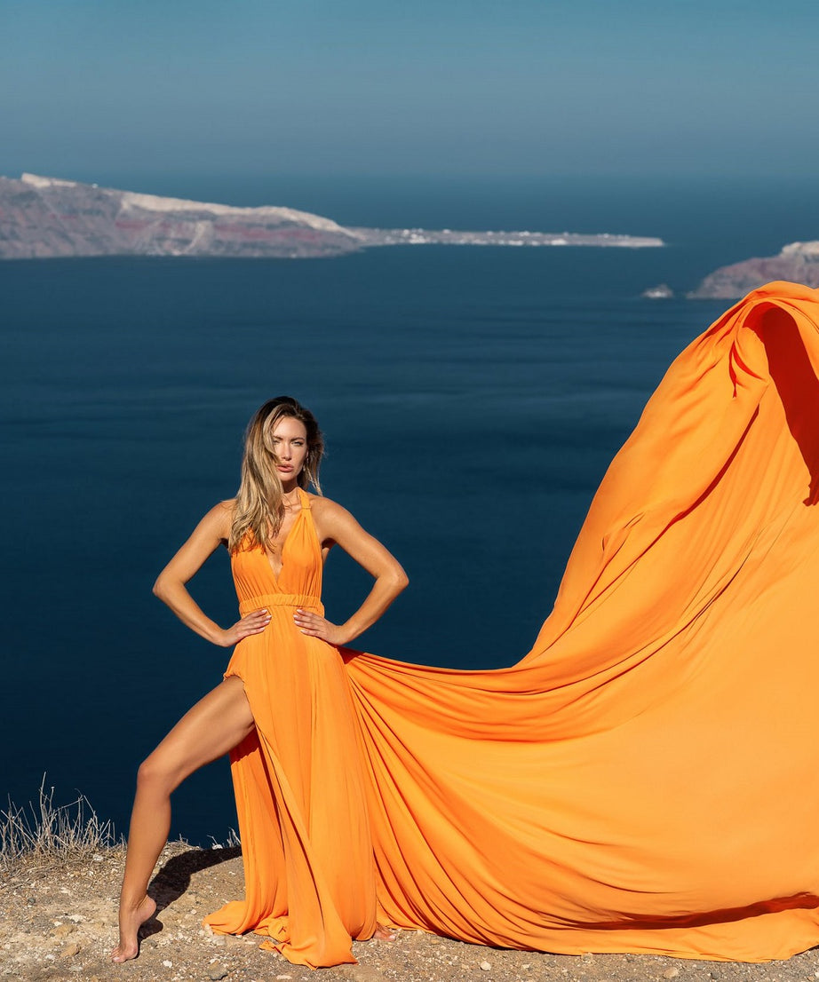 Satin Long Train Dress | Santorini Photoshoot Dress